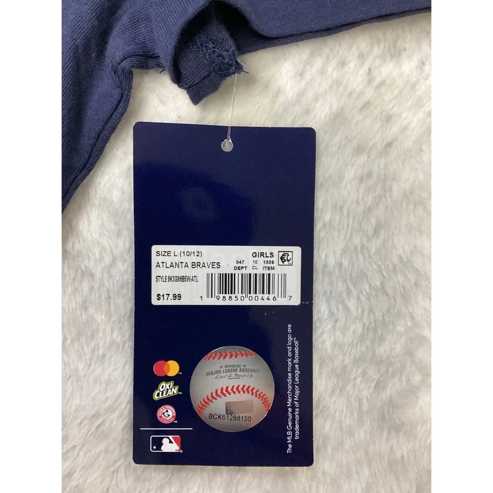 Atlanta Braves Girls Navy Blue Glitter Skyline Baseball T-Shirt Size L 10/12 NEW
